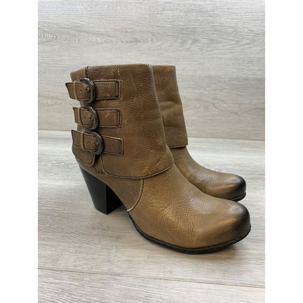 Bolo by Born Women's Tan Leather Triple Buckle Ankle Boots 7 Comfort Shoes